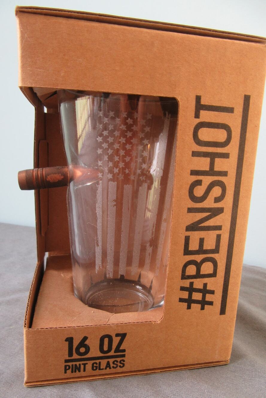 BenShot Original Pint Glass Real .50 BMG Bullet US Flag 16oz NEW in Box Made USA